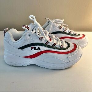 Youth Fila Ray Classic White Sneaker with Blue and Res Trim Size 3
